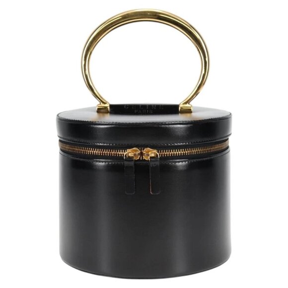 CELINE Vanity Cosmetic Pouch Leather Black Gold Auth 125415V - Picture 2 of 16